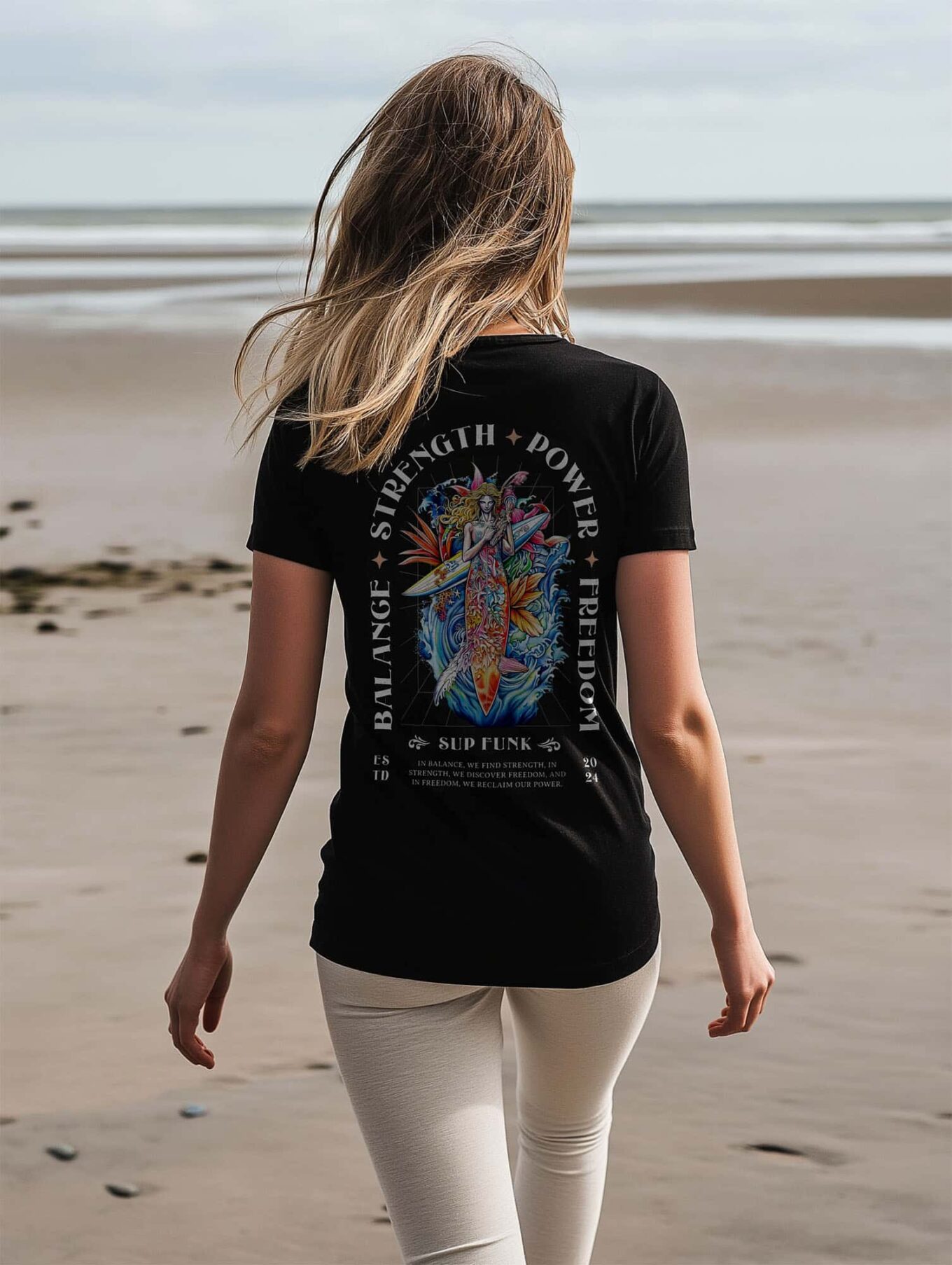Women's Black regular fit T-Shirt made from 100% Organic Cotton with a large abstract style image printed on the back with the words Balance, Strength, Power and Freedom. The tee is finished off with Vibrant SUP Funk logo on the front left chest.