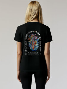 Close up back view of Women's Black regular fit T-Shirt made from 100% Organic Cotton with a large abstract style image printed on the back with the words Balance, Strength, Power and Freedom. The tee is finished off with Vibrant SUP Funk logo on the front left chest.