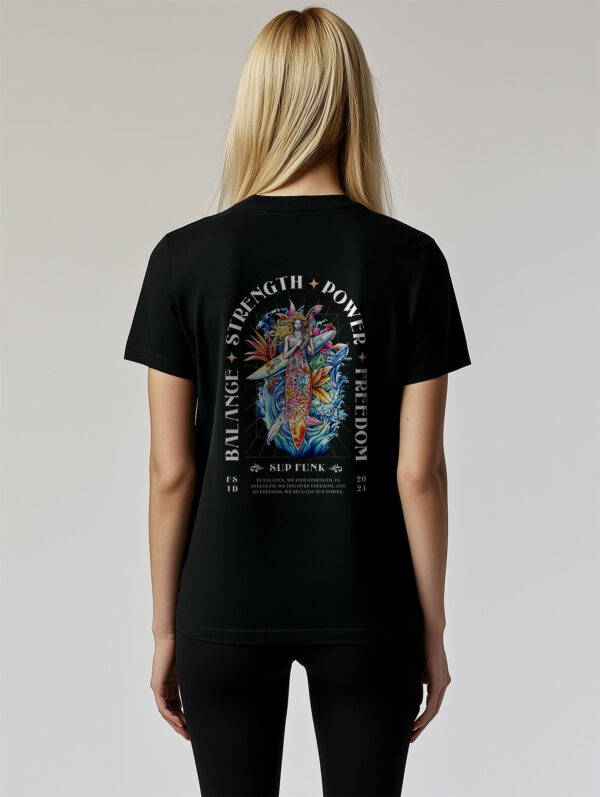 Close up back view of Women's Black regular fit T-Shirt made from 100% Organic Cotton with a large abstract style image printed on the back with the words Balance, Strength, Power and Freedom. The tee is finished off with Vibrant SUP Funk logo on the front left chest.