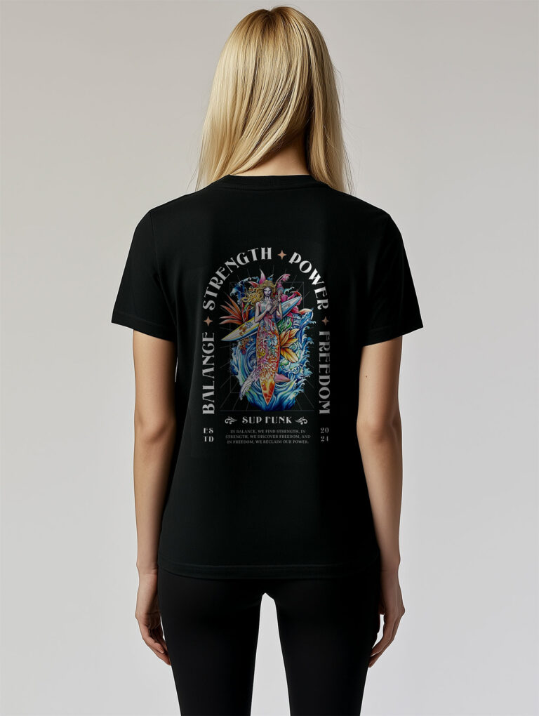 Close up back view of Women's Black regular fit T-Shirt made from 100% Organic Cotton with a large abstract style image printed on the back with the words Balance, Strength, Power and Freedom. The tee is finished off with Vibrant SUP Funk logo on the front left chest.