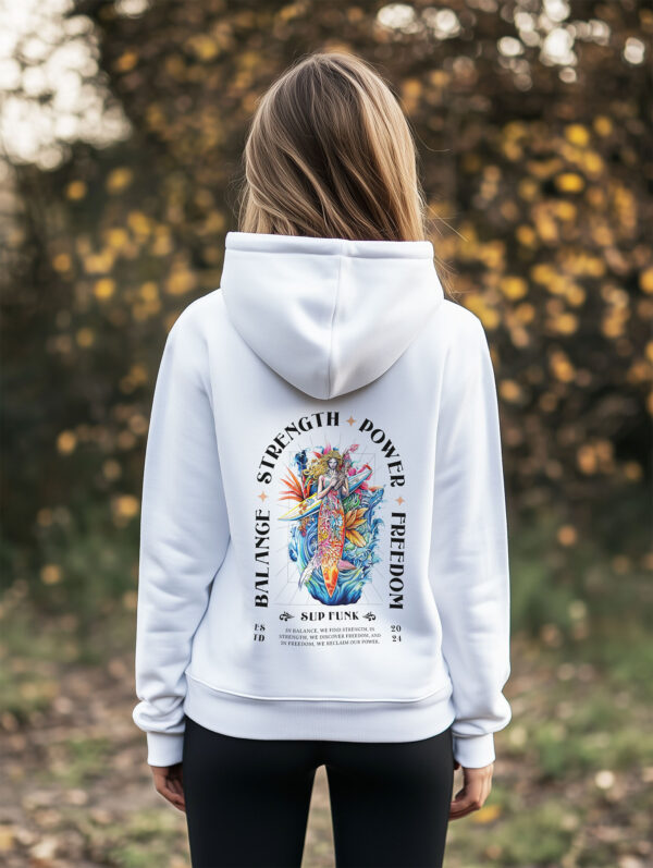 Women's White regular hoodie made from Organic Cotton with a large abstract style image printed on the back with the words Balance, Strength, Power and Freedom in black. The hoodie is finished off with Vibrant SUP Funk logo on the front left chest.