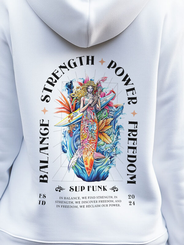 Close up image of Balance Strength Power Freedom print on white hoodie