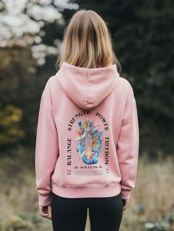 Women's Cotton Pink regular hoodie made from Organic Cotton with a large abstract style image printed on the back with the words Balance, Strength, Power and Freedom in black. The hoodie is finished off with Vibrant SUP Funk logo on the front left chest.