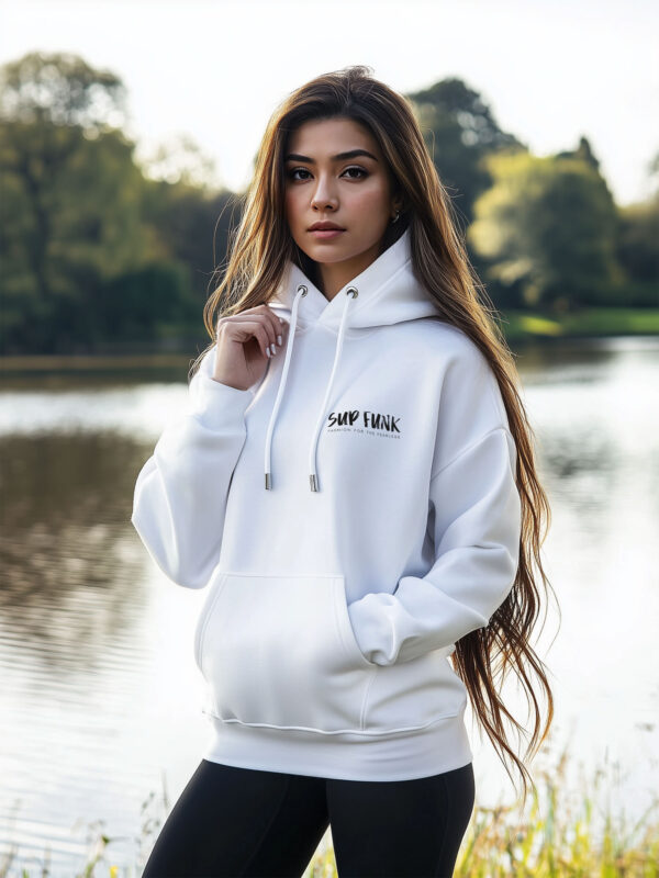 Front view of Women's White regular fit Hoodie made from 85% Organic Cotton 15% Recycled polyester with Black SUP Funk logo on the front left chest.