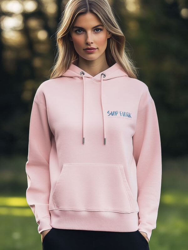 Women's Cotton Pink regular fit hoodie made from 85% Organic Cotton, 15% recycled polyester with Vibrant blue SUP Funk logo on the front left chest.