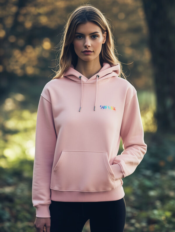 Front view of women's Cotton Pink regular fit hoodie made from Organic Cotton with a vibrant multi coloured SUP Funk logo across the front left chest.