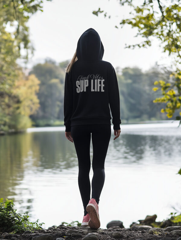 Women's Black regular fit Hoodie made from Organic Cotton with a large white typography print on the back with the words Funk Vibes, SUP LIFE.