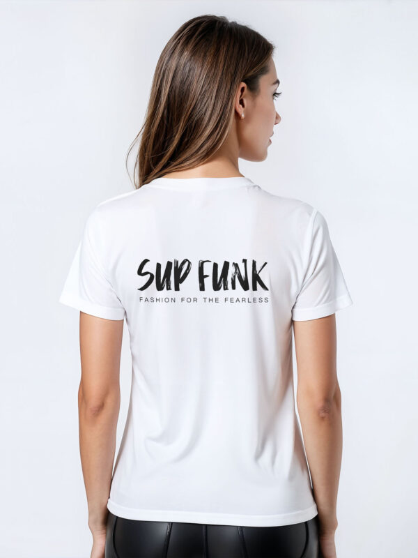 Back view of women's white regular fit T-Shirt made from 100% Organic Cotton with a large black SUP Funk logo across the back.