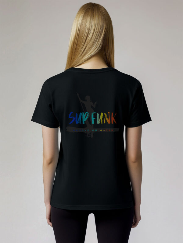 Close up view Back view of women's Black regular fit T-Shirt made from 100% Organic Cotton with a large multi coloured SUP Funk logo across the back over dark paddleboard woman motif silhouette