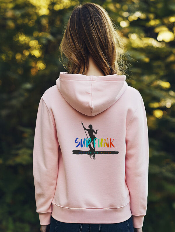 Women's regular fit Cotton Pink Hoodie made from Organic Cotton with a large multi coloured SUP Funk logo across the back over dark paddleboard woman motif silhouette