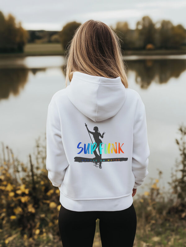 Women's regular fit White Hoodie made from Organic Cotton with a large multi coloured SUP Funk logo across the back over dark paddleboard woman motif silhouette