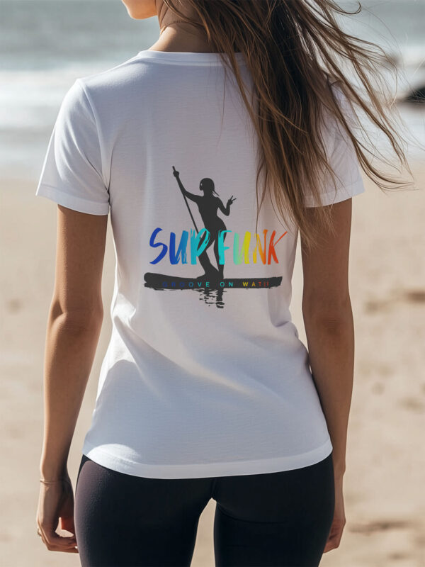 Close up view Back view of women's white regular fit T-Shirt made from 100% Organic Cotton with a large multi coloured SUP Funk logo across the back over dark paddleboard woman motif silhouette