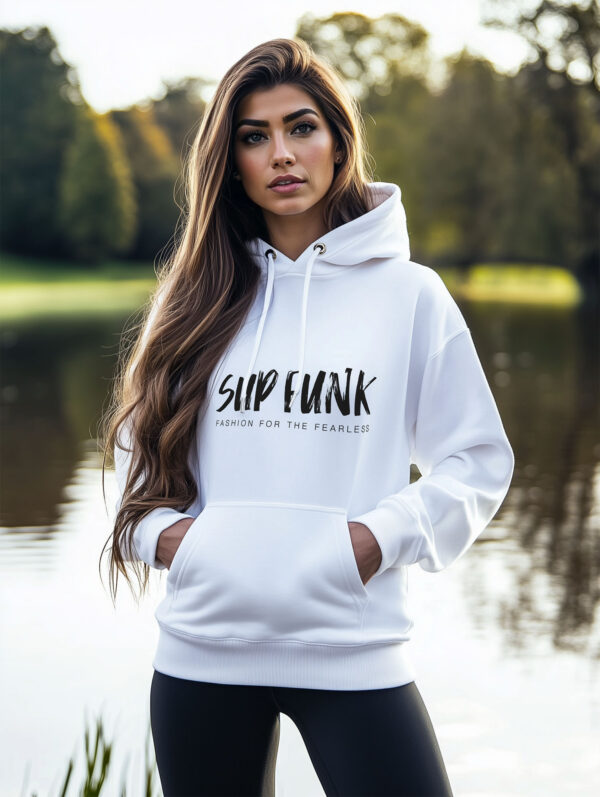 Women's Organic White Hoodie with front Black SUP Funk logo across the chest