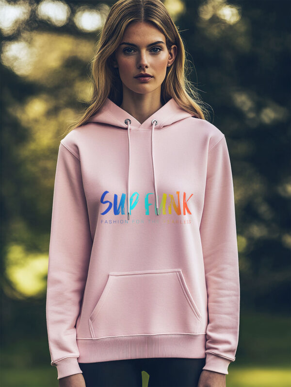 Women's Organic Cotton Pink Hoodie with front Multicoloured SUP Funk logo across the chest