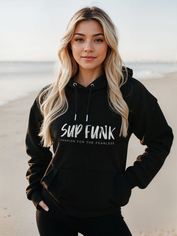 Women's Organic Black Hoodie with front White SUP Funk logo across the chest