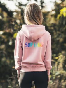 Women's Cotton Pink regular fit hoodie made from Organic Cotton with a large multi coloured SUP Funk logo across the back