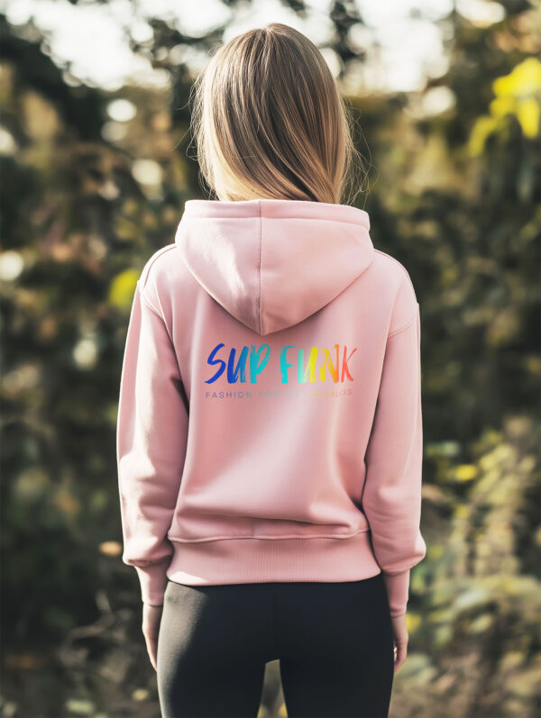 Women's Cotton Pink regular fit hoodie made from Organic Cotton with a large multi coloured SUP Funk logo across the back