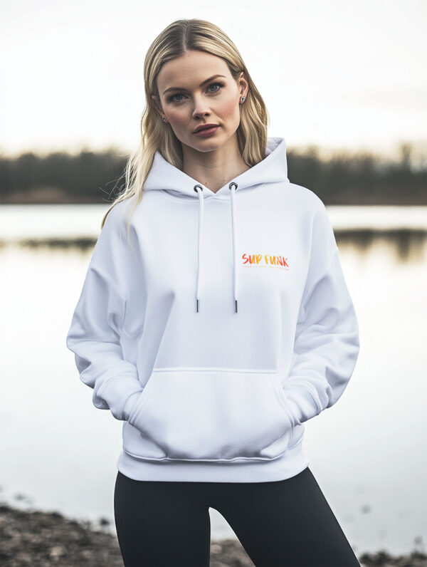 Women's White regular fit hoodie made from 85% Organic Cotton, 15% recycled polyester with Vibrant orange SUP Funk logo on the front left chest.