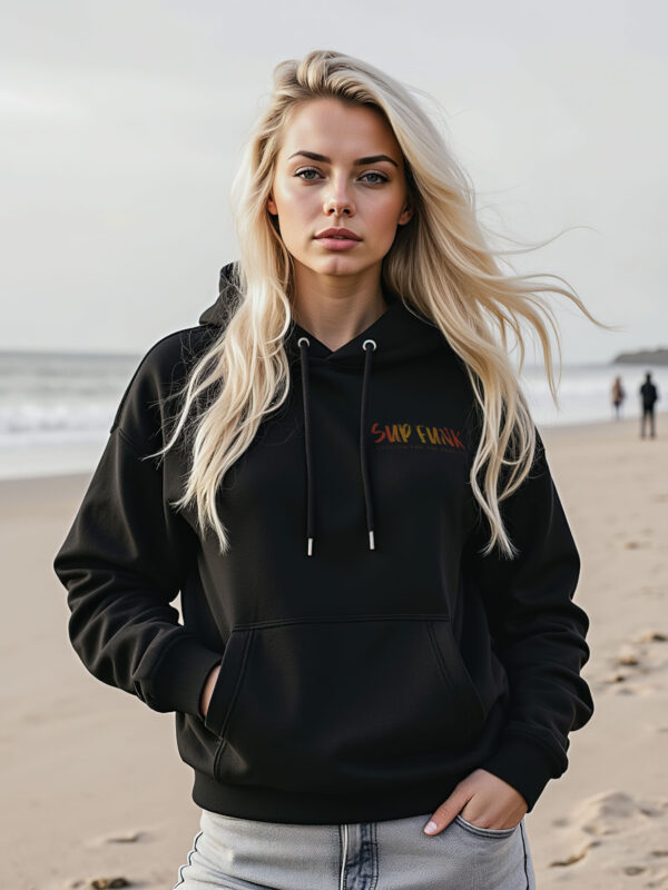 Women's Black regular fit hoodie made from 85% Organic Cotton, 15% recycled polyester with Vibrant orange SUP Funk logo on the front left chest.