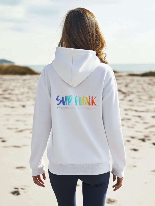 Women's white regular fit hoodie made from Organic Cotton with a large multi coloured SUP Funk logo across the back