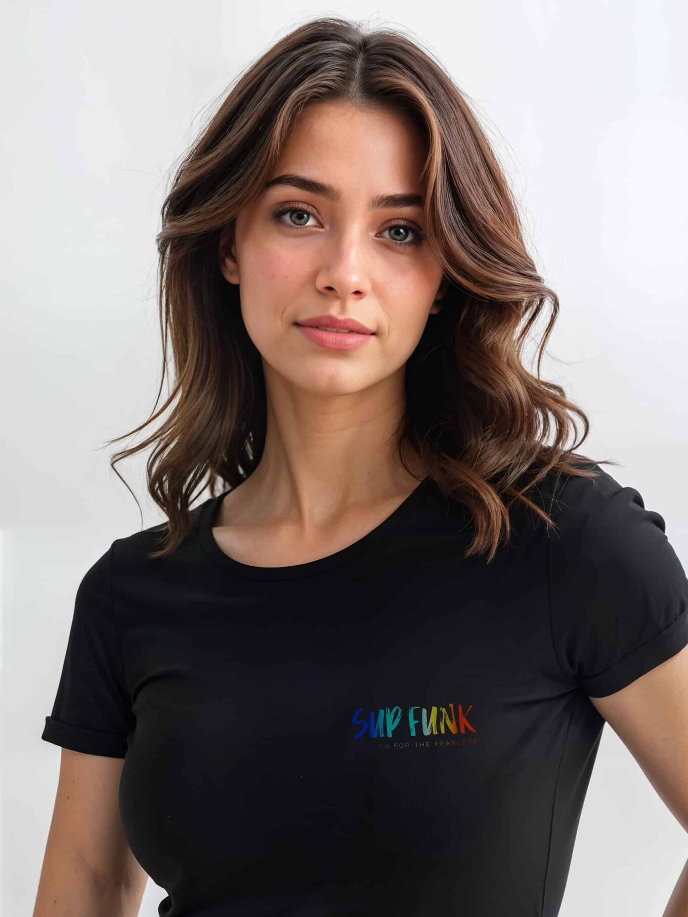 close up front view of women's white regular fit T-Shirt made from 100% Organic Cotton with a vibrant multi coloured SUP Funk logo across the front left chest.