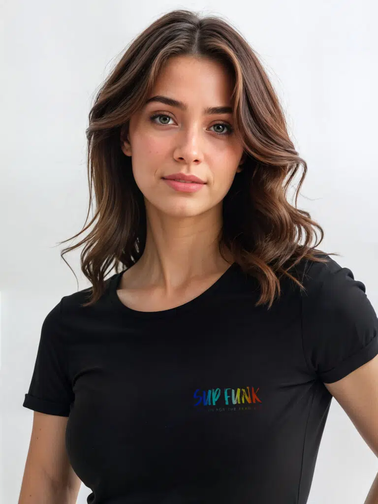 close up front view of women's white regular fit T-Shirt made from 100% Organic Cotton with a vibrant multi coloured SUP Funk logo across the front left chest.