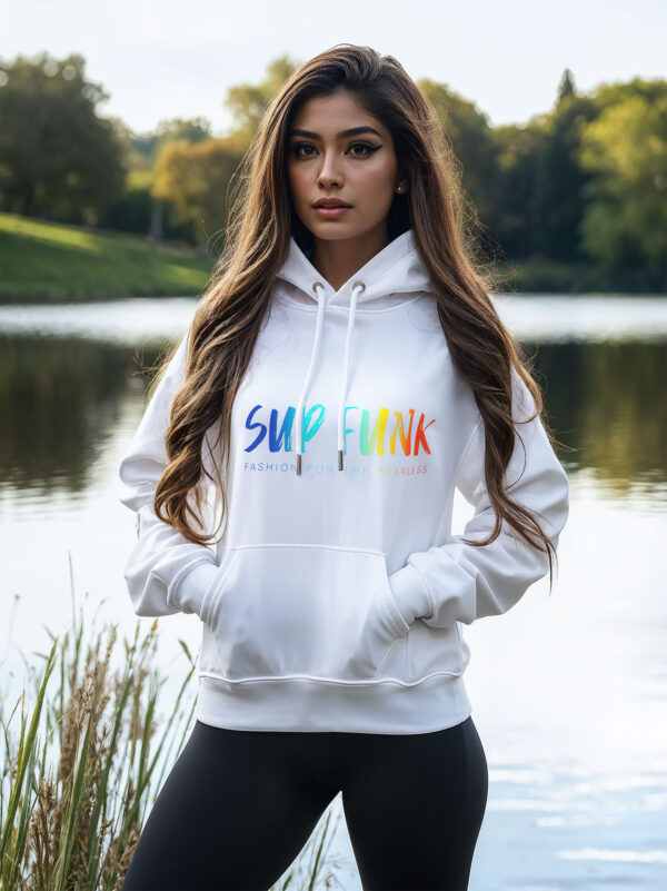 Women's Organic White Hoodie with front Multicoloured SUP Funk logo across the chest