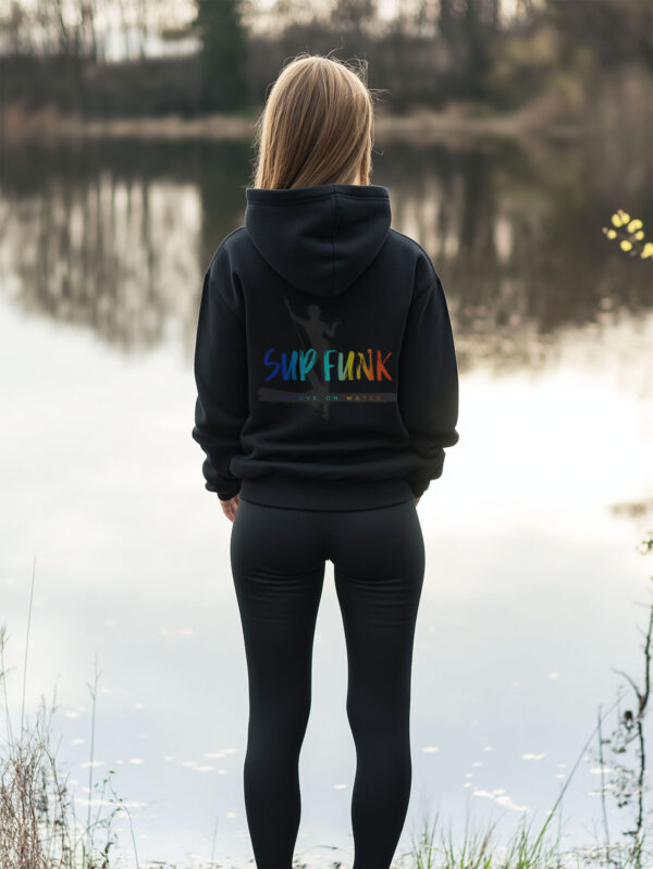 Women's regular fit Black Hoodie made from Organic Cotton with a large multi coloured SUP Funk logo across the back over dark paddleboard woman motif silhouette