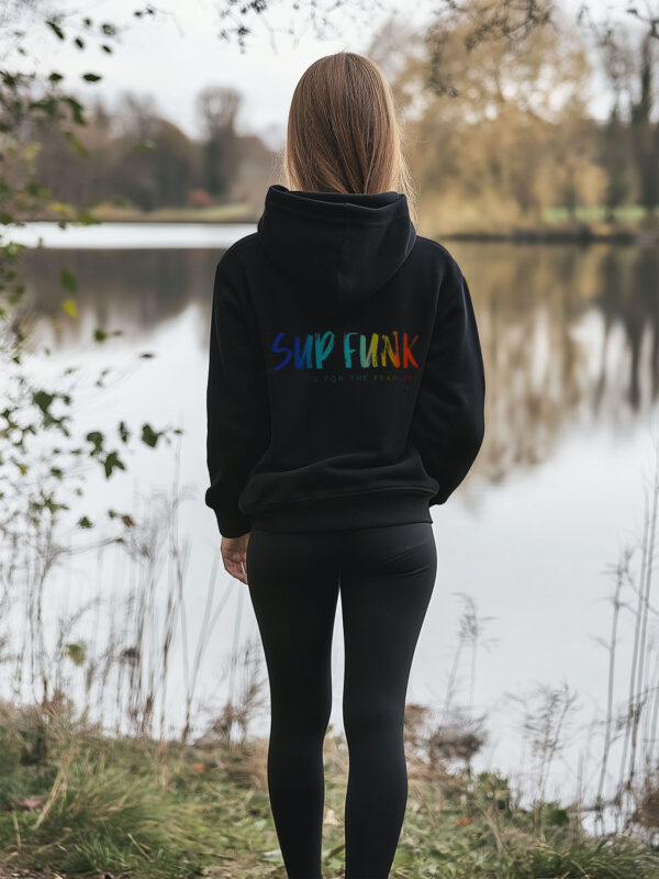 Women's Black regular fit hoodie made from Organic Cotton with a large multi coloured SUP Funk logo across the back