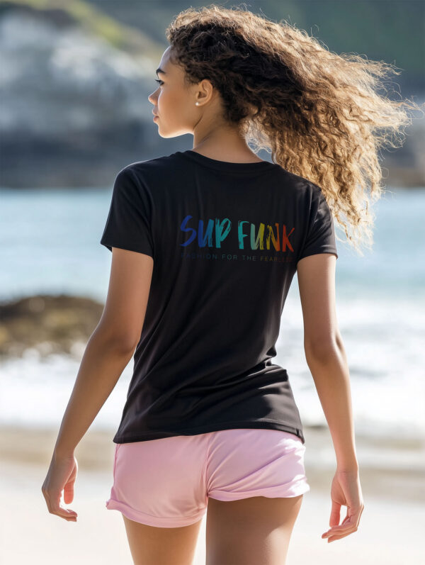 Back view of women's Black regular fit T-Shirt made from 100% Organic Cotton with a large multi coloured SUP Funk logo across the back.