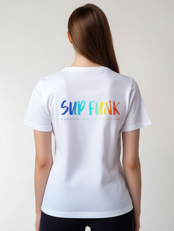 close up back view of women's white regular fit T-Shirt made from 100% Organic Cotton with a large multi coloured SUP Funk logo across the back.