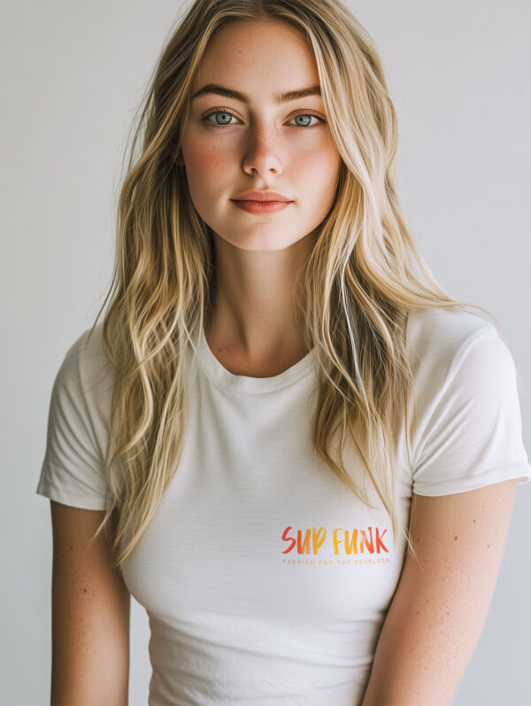 close up front view of women's white regular fit T-Shirt made from 100% Organic Cotton with a vibrant orange coloured SUP Funk logo across the front left chest.