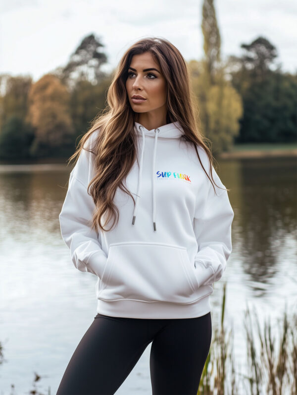 Front view of women's White regular fit hoodie made from Organic Cotton with a vibrant multi coloured SUP Funk logo across the front left chest.