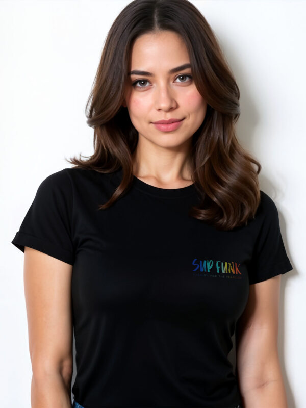 close up front view of women's white regular fit T-Shirt made from 100% Organic Cotton with a vibrant multi coloured SUP Funk logo across the front left chest.