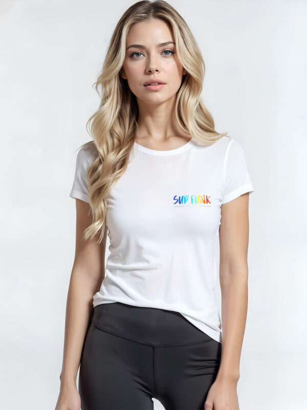 Front view of women's white regular fit T-Shirt made from 100% Organic Cotton with a vibrant multi coloured SUP Funk logo across the front left chest.