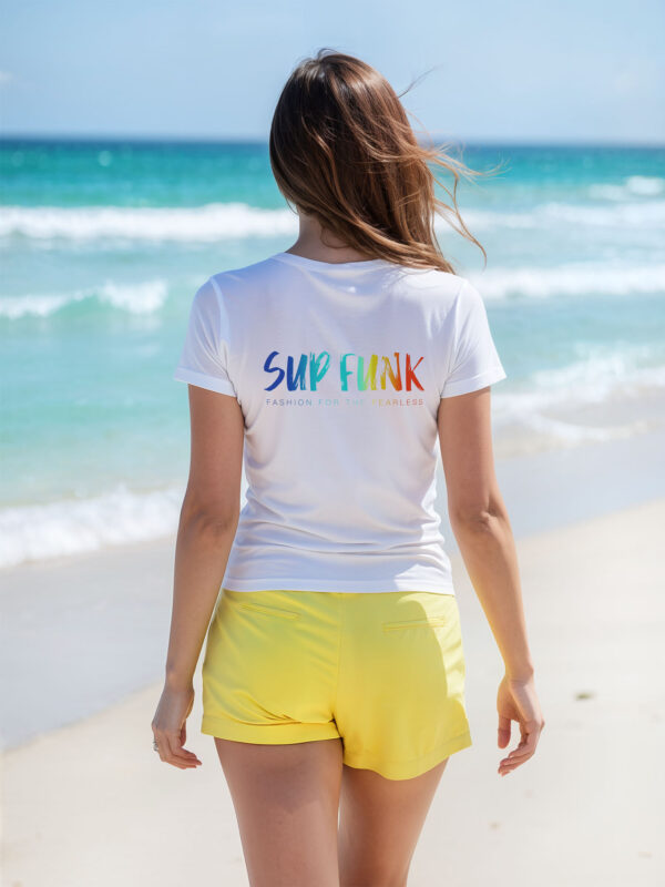 back view of women's white regular fit T-Shirt made from 100% Organic Cotton with a large multi coloured SUP Funk logo across the back.