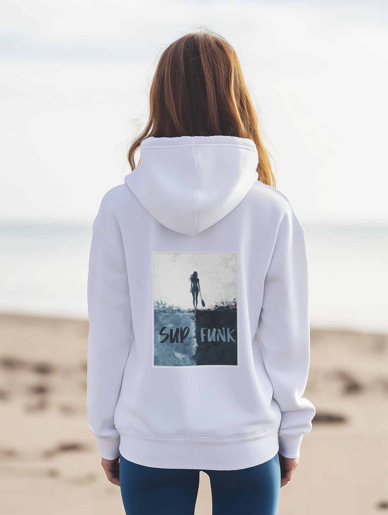 Women's White regular fit hoodie made from 85% Organic Cotton, 15% recycled polyester with a large abstract print on the back in blues and woman silhouette and Sup Funk in matching colours. The hoodie is finished off with Vibrant blues SUP Funk logo on the front left chest.