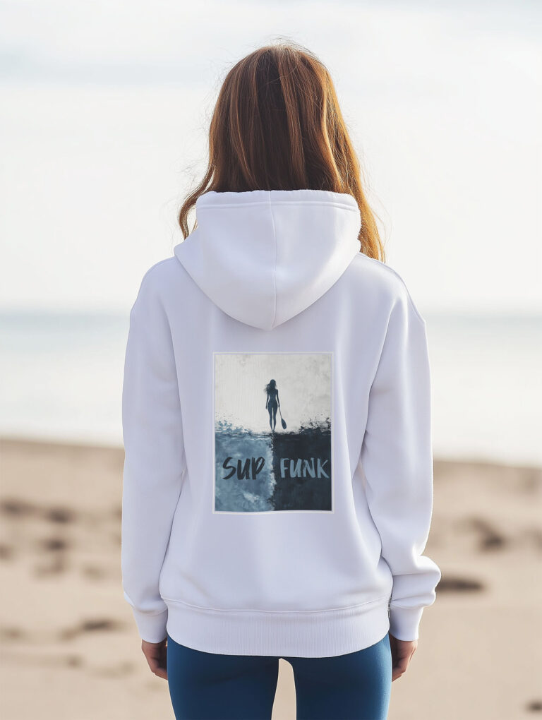 Women's White regular fit hoodie made from 85% Organic Cotton, 15% recycled polyester with a large abstract print on the back in blues and woman silhouette and Sup Funk in matching colours. The hoodie is finished off with Vibrant blues SUP Funk logo on the front left chest.