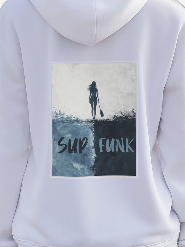 Close up of SUP Funk Walk on Water print on White Hoodie.