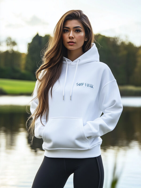 Women's White regular fit hoodie made from 85% Organic Cotton, 15% recycled polyester with Vibrant blue SUP Funk logo on the front left chest.