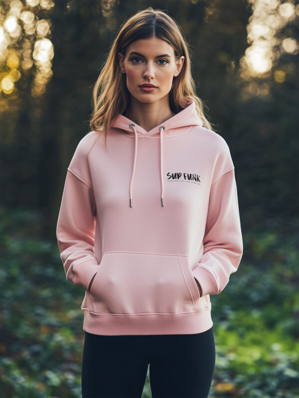 Front view of Women's Cotton Pink regular fit Hoodie made from 85% Organic Cotton 15% Recycled polyester with Black SUP Funk logo on the front left chest.