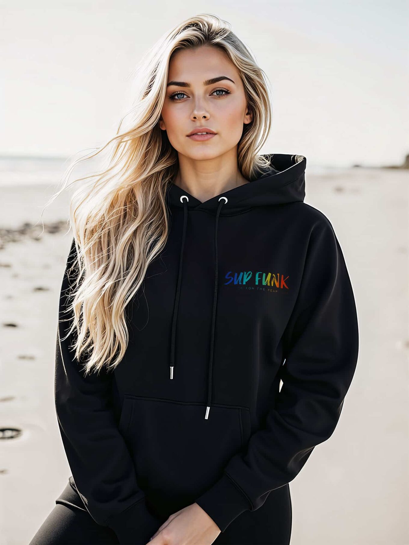 Front view of women's Black regular fit hoodie made from Organic Cotton with a vibrant multi coloured SUP Funk logo across the front left chest.