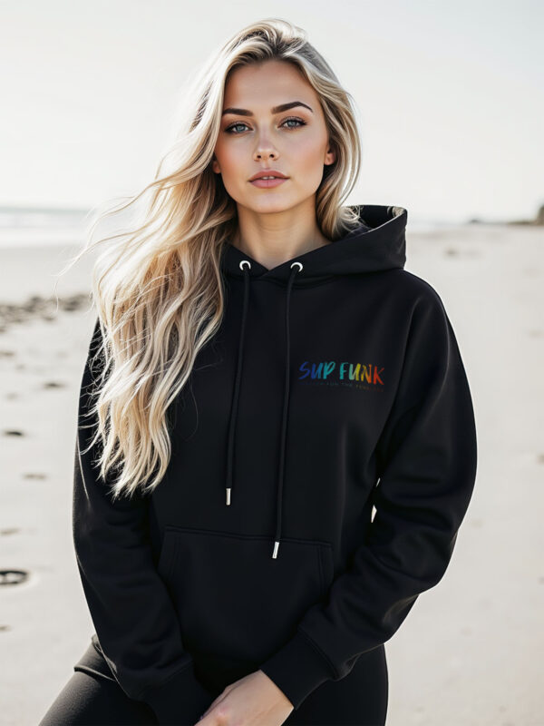 Front view of women's Black regular fit hoodie made from Organic Cotton with a vibrant multi coloured SUP Funk logo across the front left chest.