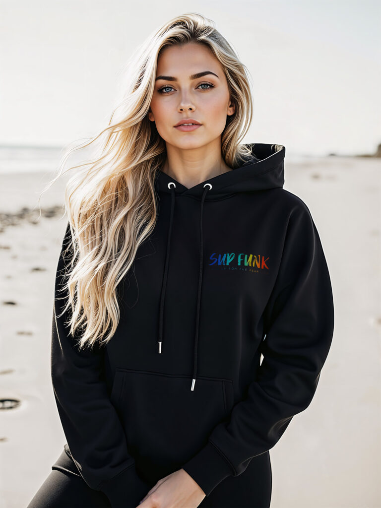 Front view of women's Black regular fit hoodie made from Organic Cotton with a vibrant multi coloured SUP Funk logo across the front left chest.