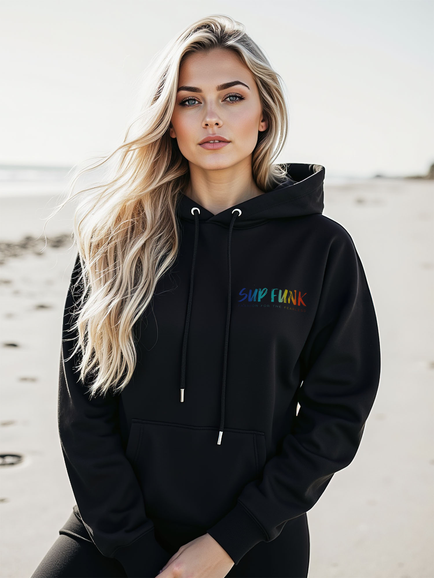 Women's Black regular fit hoodie made from Organic Cotton with a large multi coloured SUP Funk logo across the back