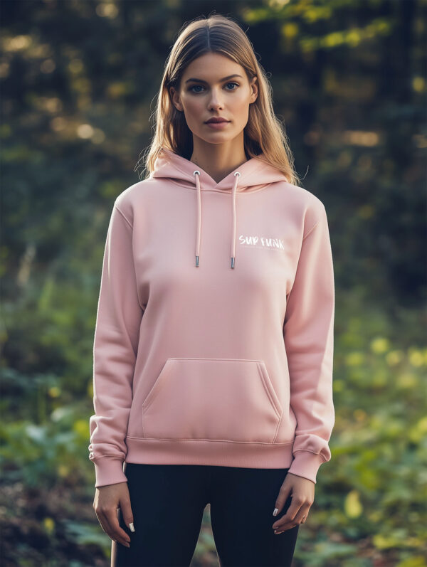 Front view of Women's Cotton Pink regular fit Hoodie made from 85% Organic Cotton 15% Recycled polyester with White SUP Funk logo on the front left chest.