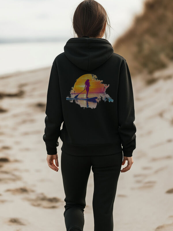 Women's Black regular fit hoodie made from 85% Organic Cotton, 15% recycled polyester with a large image printed on the back of a female paddle boarder set against a setting sun. The hoodie is finished off with Vibrant Orange SUP Funk logo on the front left chest.