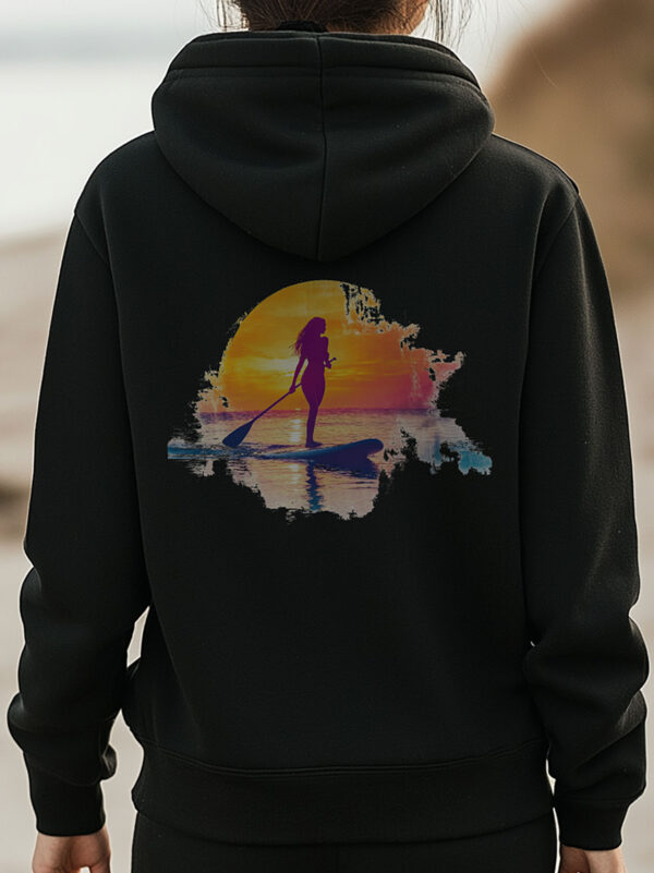 Close up image of Sunset SUP Funk print on black hoodie