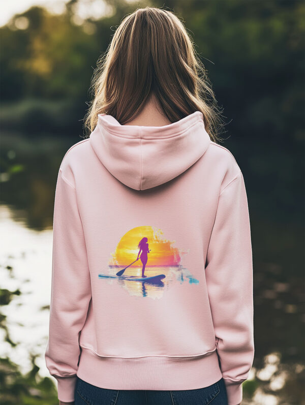 Women's Cotton Pink regular fit hoodie made from 85% Organic Cotton, 15% recycled polyester with a large image printed on the back of a female paddle boarder set against a setting sun. The hoodie is finished off with Vibrant Orange SUP Funk logo on the front left chest.