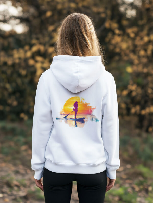 Women's White regular fit hoodie made from 85% Organic Cotton, 15% recycled polyester with a large image printed on the back of a female paddle boarder set against a setting sun. The hoodie is finished off with Vibrant Orange SUP Funk logo on the front left chest.